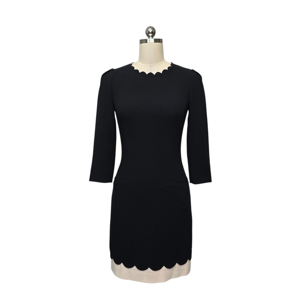 Ted Baker London Payton Black Scalloped Sheath Dress Size 0 US 2 Sleeve Gold Zip